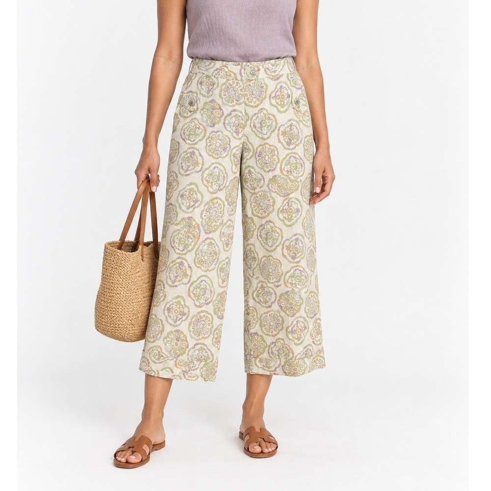 100% Linen Floral Wide Leg Crop Pants 8 Boho Cottagecore Resort Harve Benard